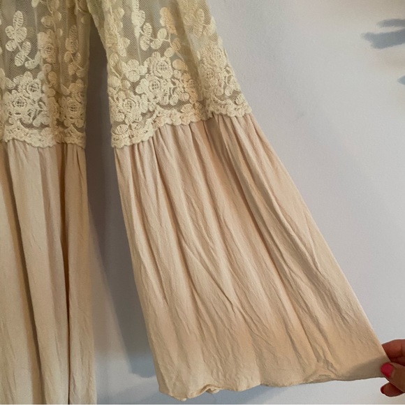 Soprano Tan Mesh Top Mini Dress with Long Bell Sleeves - Picture 6 of 12